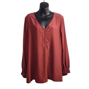Valette Blouse Women's Marsala Red V-Neck Longsleeve Top Blouse Size Large